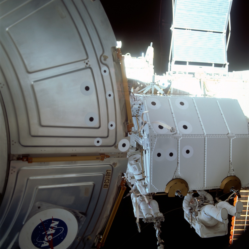 MS Hadfield and MS Parazynski work on the SSRMS from the SLP during an EVA for STS-100
