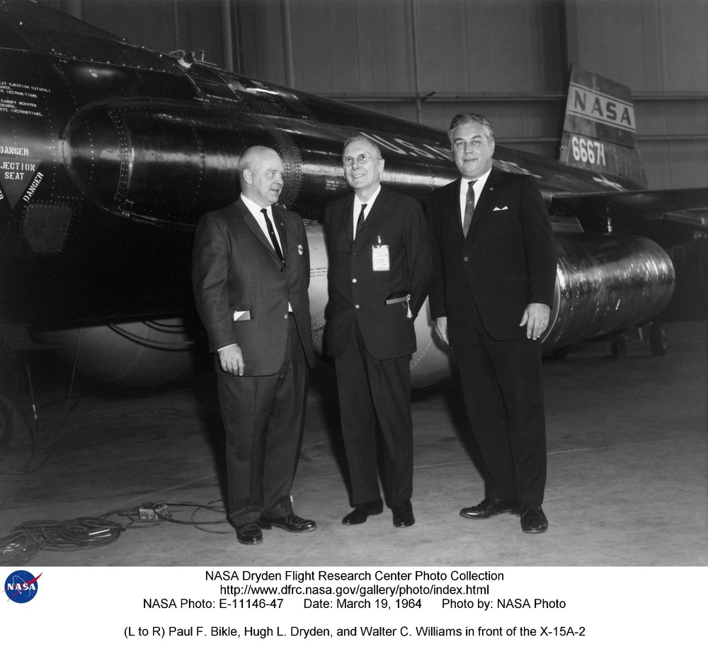 (L to R) Paul F. Bikle, Hugh L. Dryden, and Walter C. Williams in front of the X-15A-2