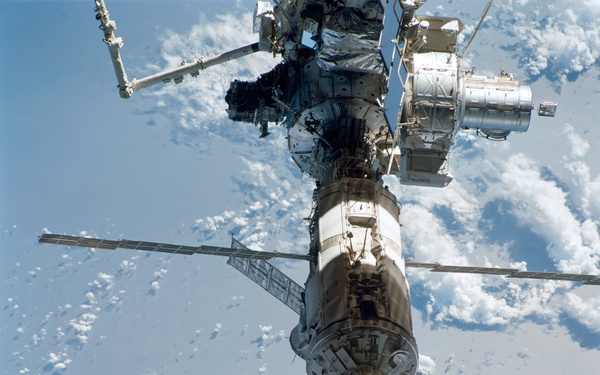 View of the aft - zenith side of the ISS taken during STS-110's flyaround