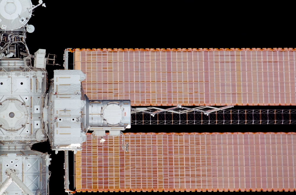 View of the nadir side of the Soyuz, Node 1, Airlock and PMA1 taken during STS-110