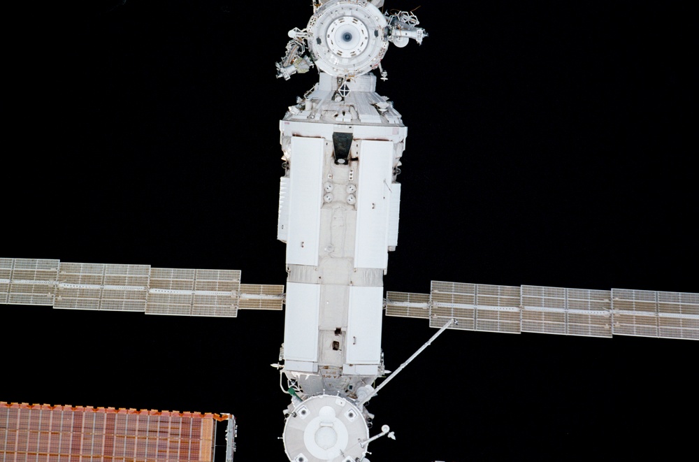 View of the nadir side of the Soyuz, FGB and Pirs taken during STS-110