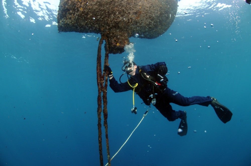 Navy diver surveys buoy