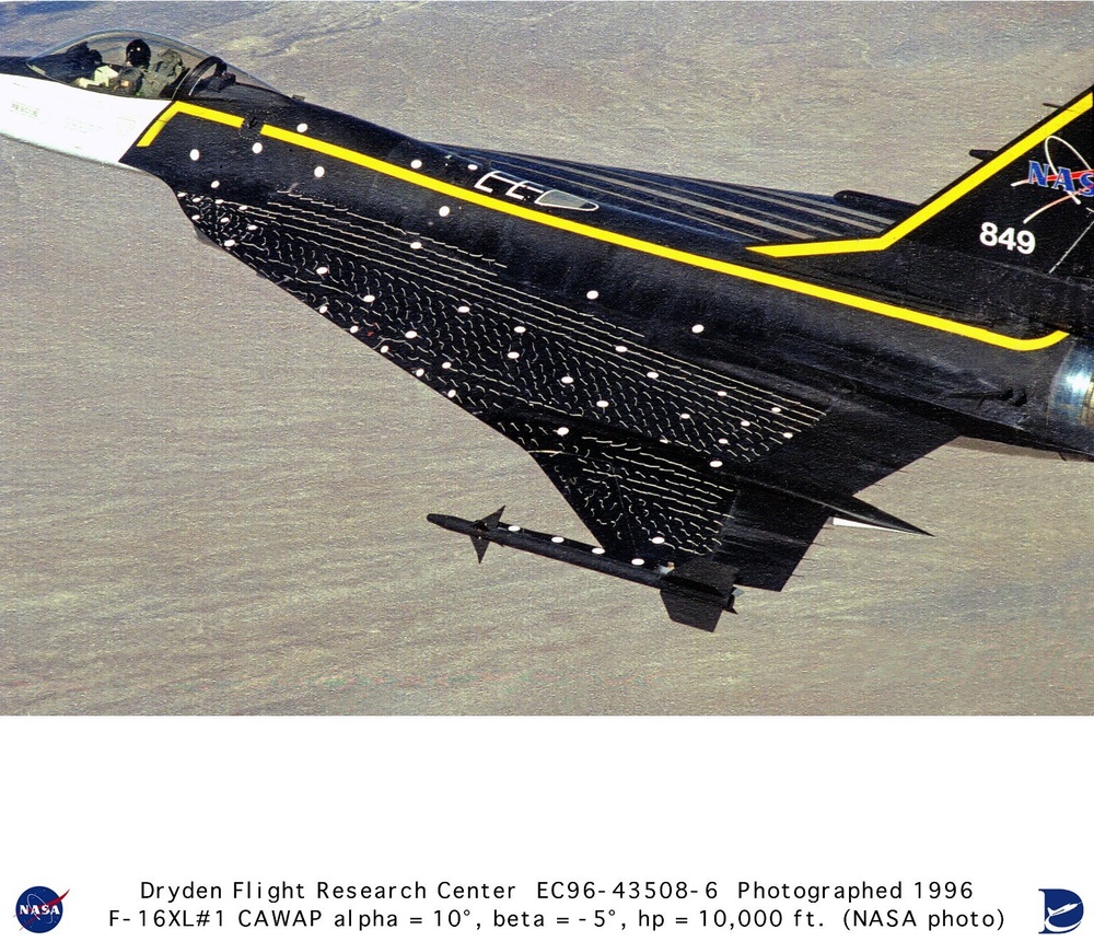 F-16XL ship #1 CAWAP flight - alpha 10 degrees, beta -5 degrees, altitude 10,000 feet