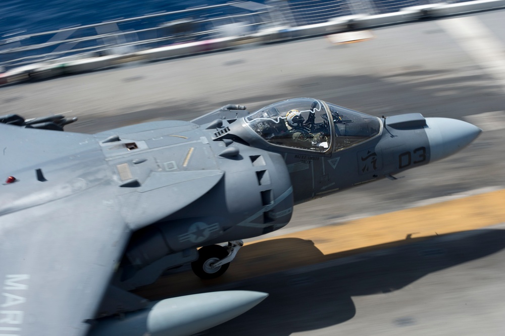 AV-8B Harrier launches from USS Bonhomme Richard