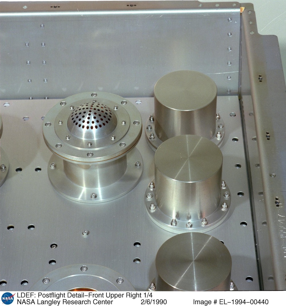 LDEF: Postflight Detail-Front Upper Right 1/4
