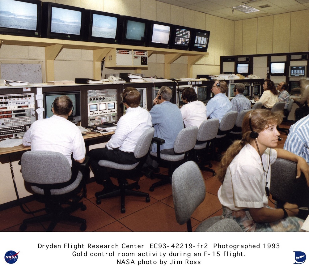 NASA researchers in gold control room during an F-15 HiDEC flight