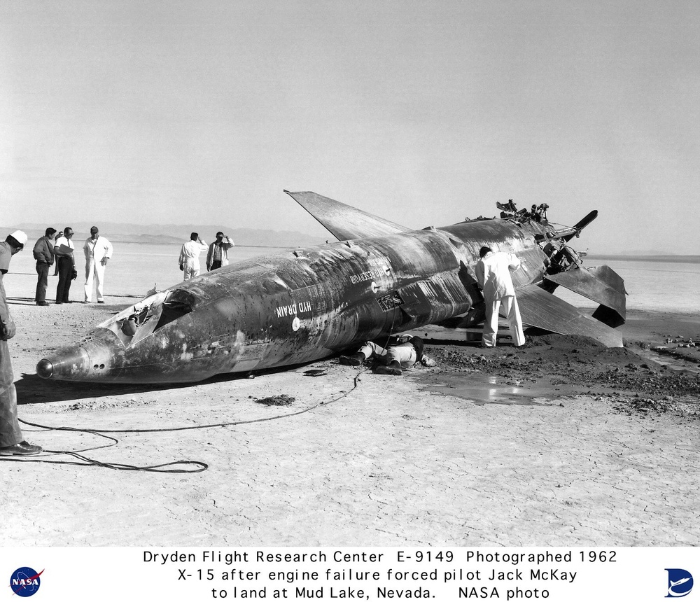 X-15 #2 on lakebed after engine failure forced pilot Jack McKay to make an emergency landing at Mud