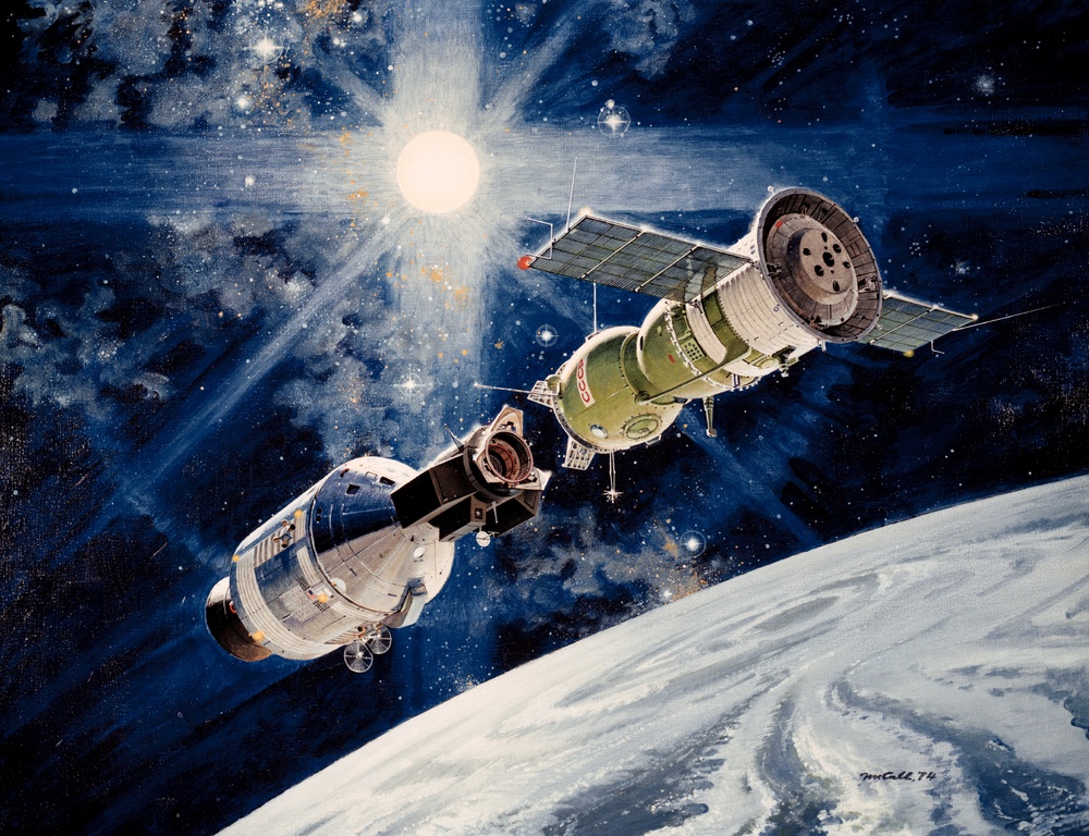 Artist's concept of Apollo-Soyuz docking in earth's orbit