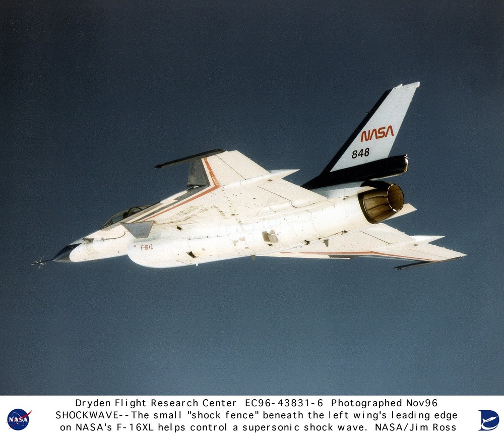 F-16XL Ship #2 during last flight viewed from below showing shock fence on left wing