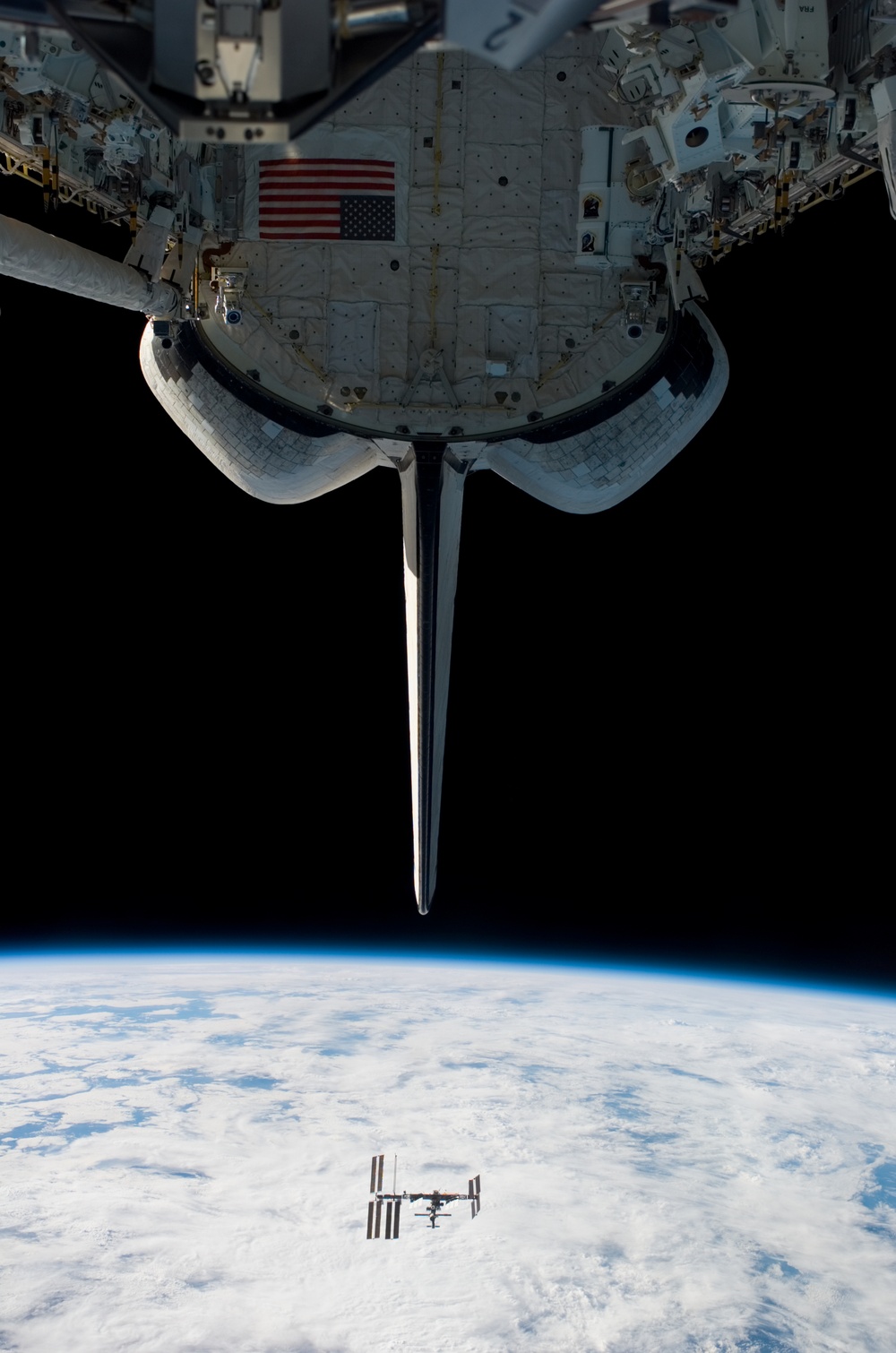 Zenith view of the ISS during departure of STS-123 Space Shuttle Endeavour