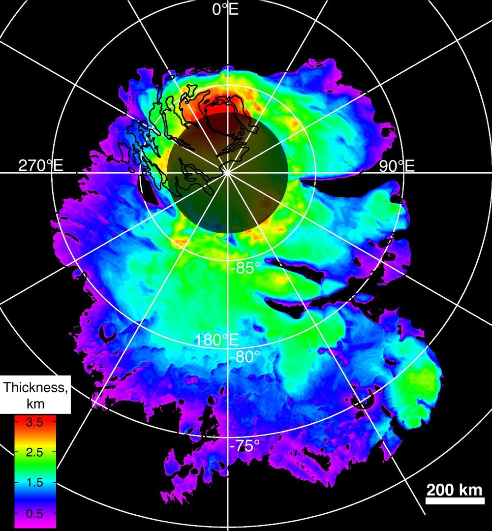 Thickness of Mars' South Polar Layered Deposits