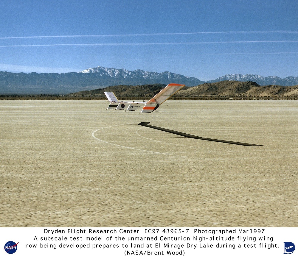 Quarter-scale Model of Solar-powered Centurion Ultra-high-altitude Flying Wing Landing during First