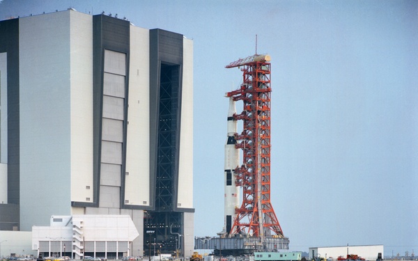 View of Apollo 15 space vehicle leaving VAB to Pad A, Launch Complex 39
