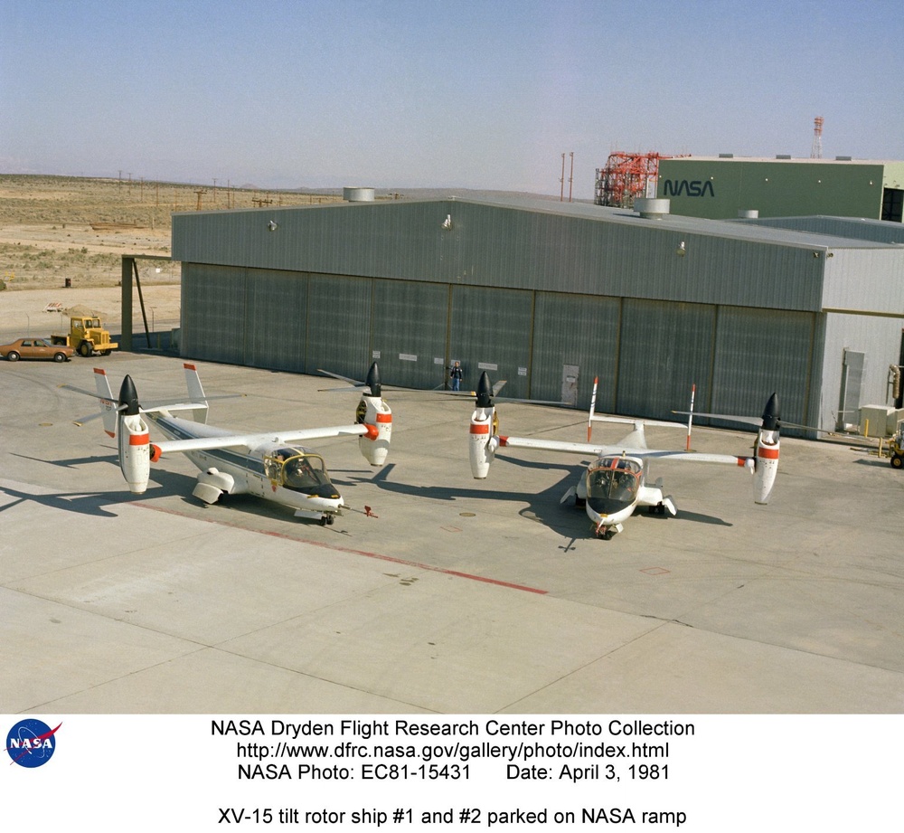 XV-15 tilt rotor ship #1 and #2 parked on NASA ramp