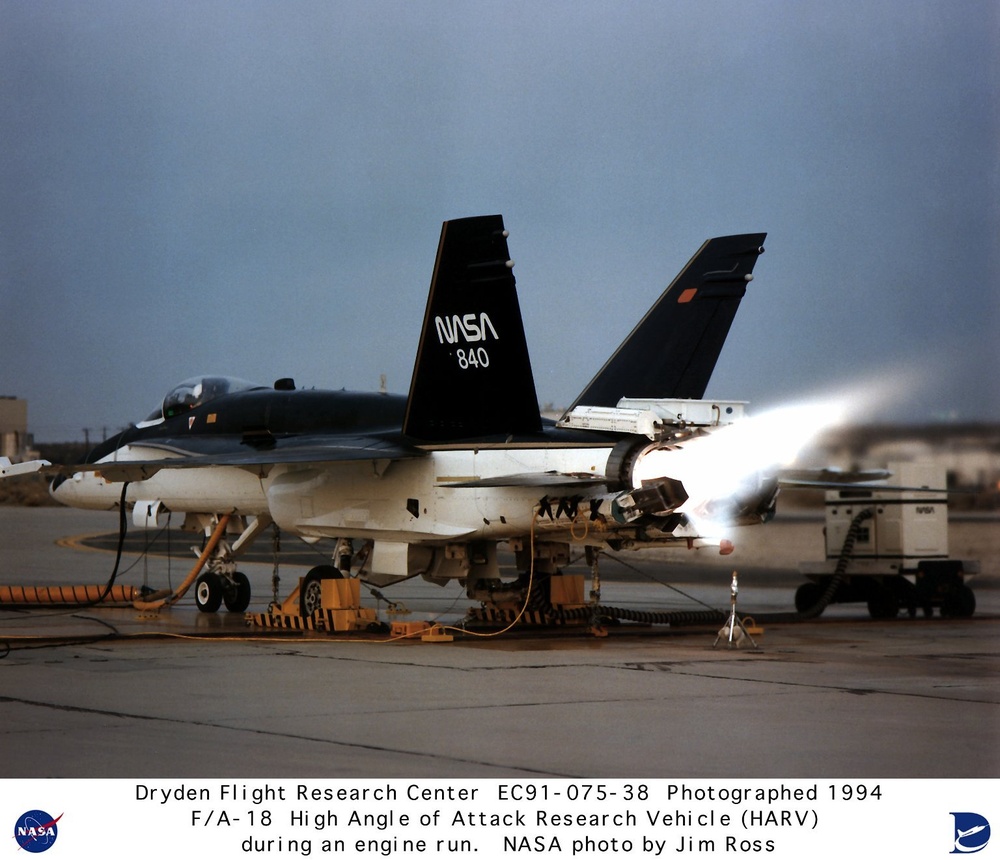 F-18 HARV on ground during engine run showing thrust vectoring