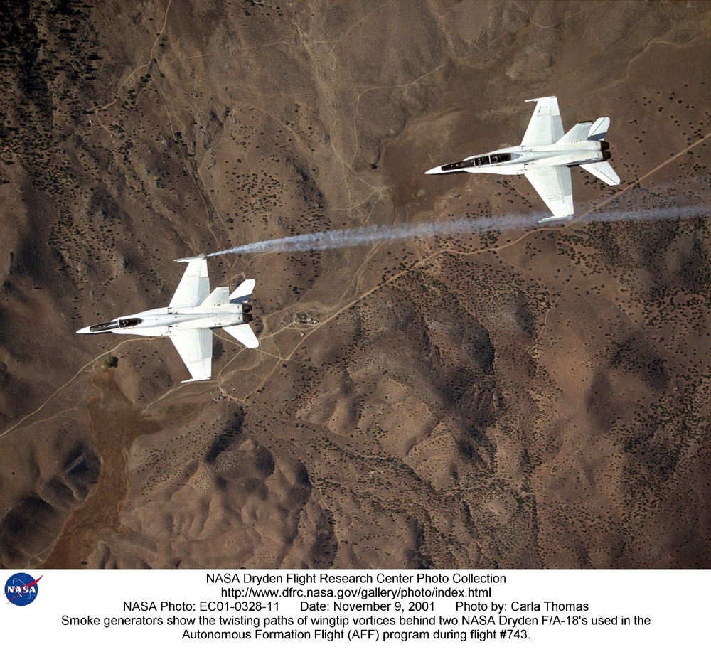 Smoke generators show the twisting paths of wingtip vortices behind two NASA Dryden F/A-18's used in