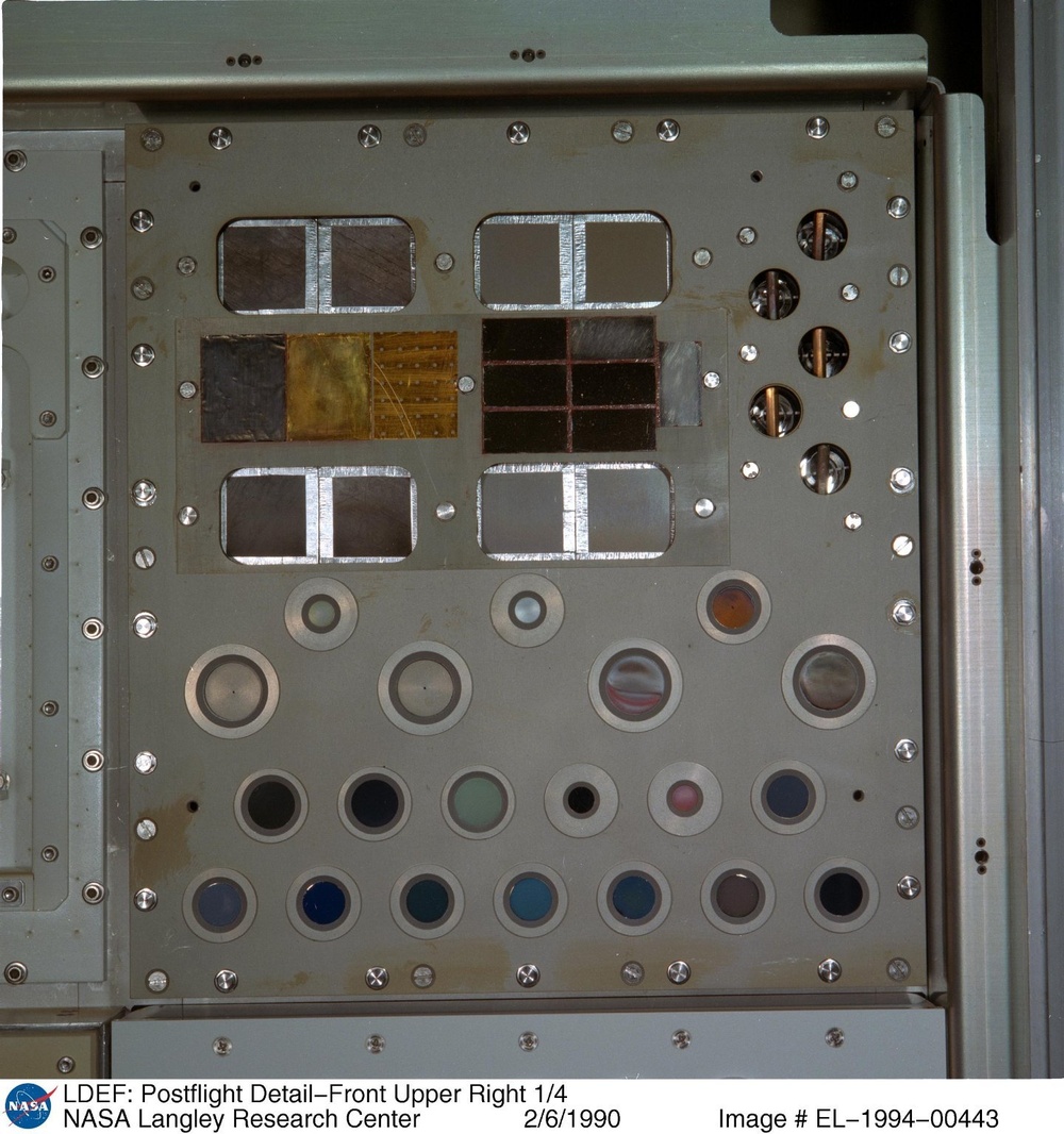 LDEF: Postflight Detail-Front Upper Right 1/4