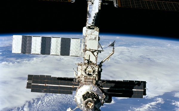 Forward view of the ISS taken during the final flyaround of the STS-100 mission