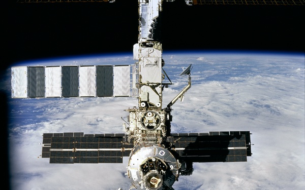 Forward view of the ISS taken during the final flyaround of the STS-100 mission