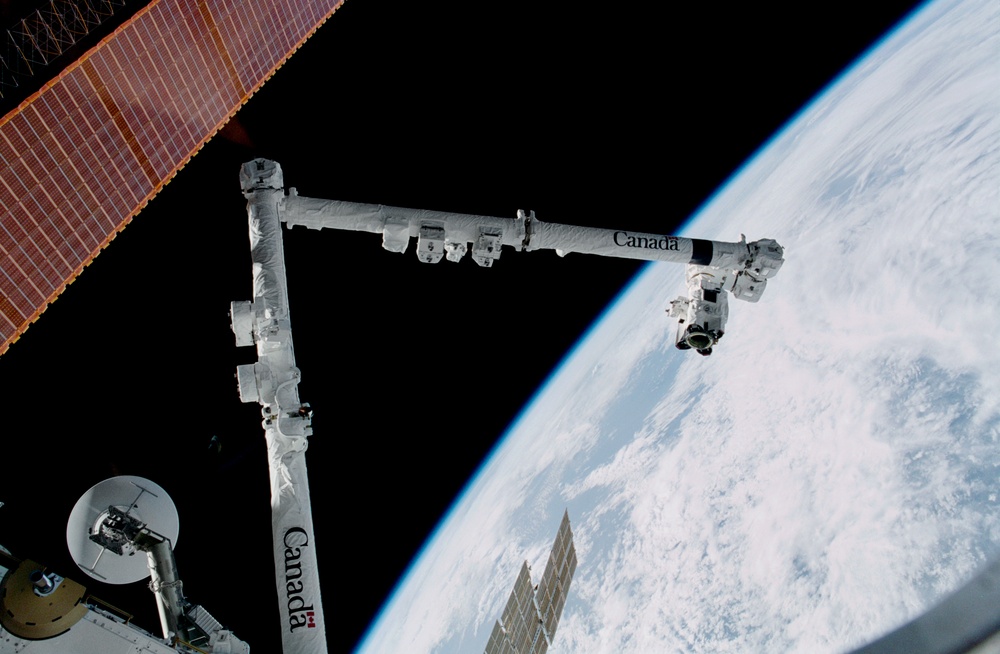 View of the SSRMS, SGANT and P6 Truss solar array taken during STS-100