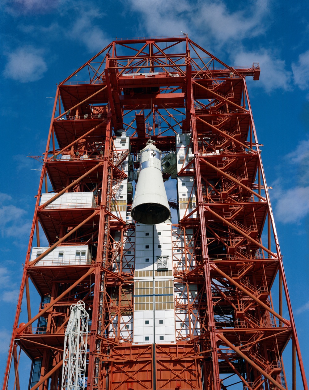 Apollo Spacecraft 012 hoisted to top of gantry at Pad 34