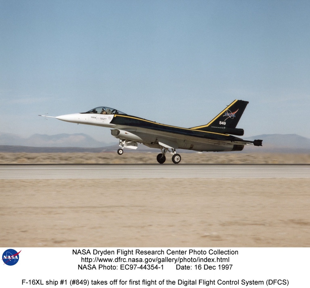 F-16XL ship #1 (#849) takes off for first flight of the Digital Flight Control System (DFCS)