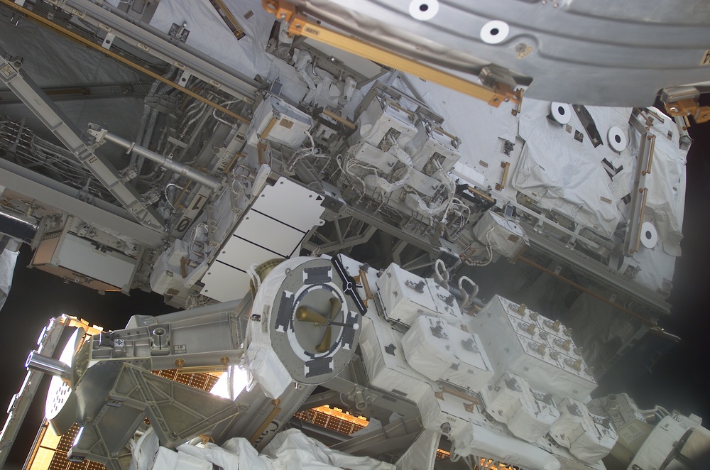 MBS suspended above the Mobile Transporter on the S0 S-zero Truss by the SSRMS during STS-111 UF-2