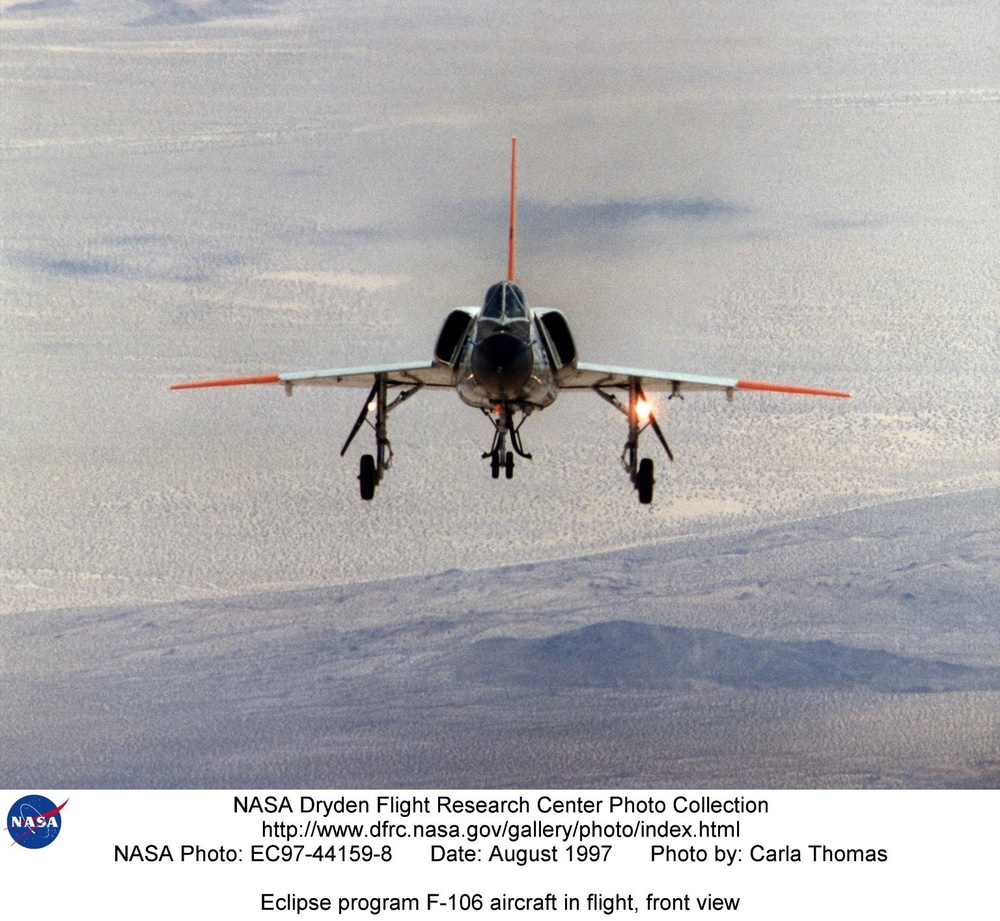 Eclipse program F-106 aircraft in flight, front view
