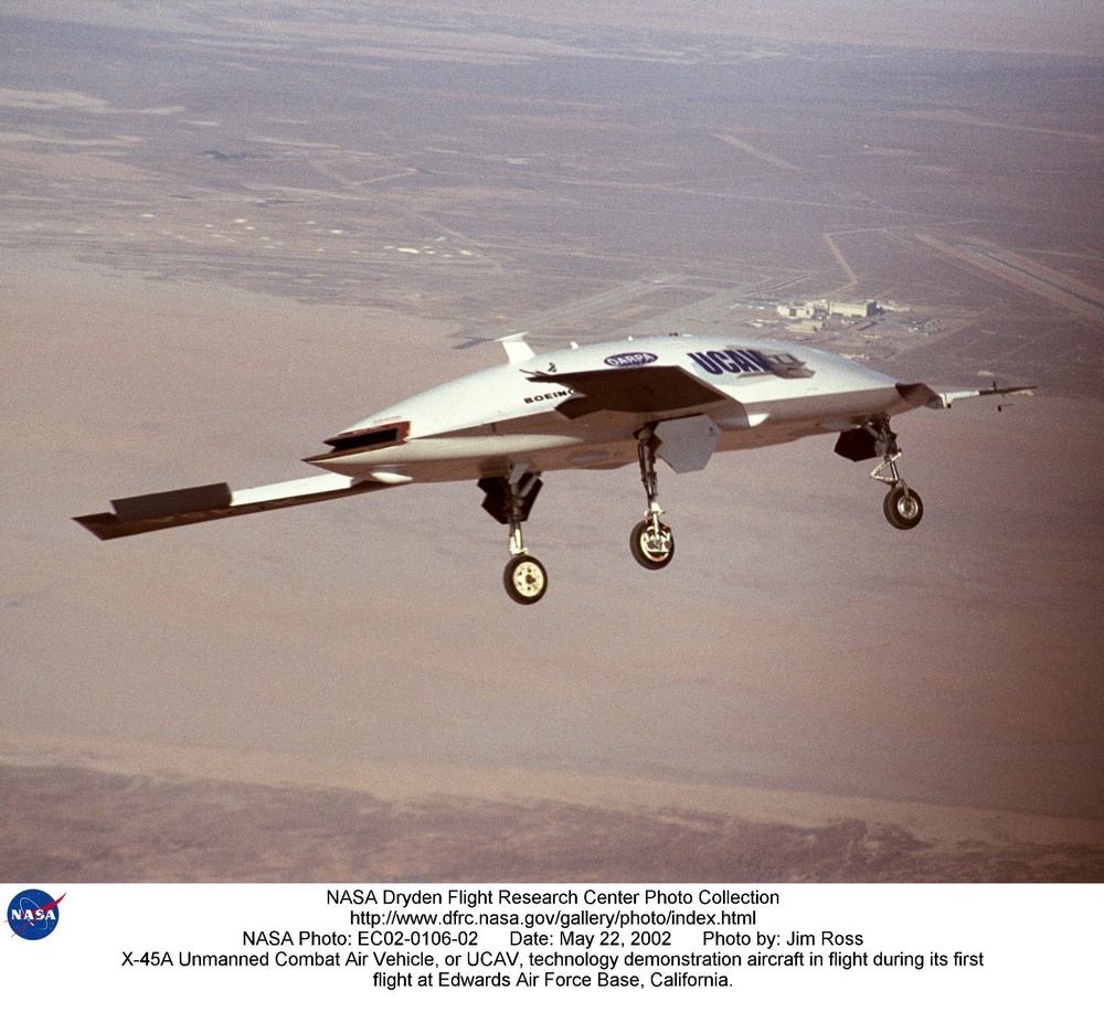 X-45A Unmanned Combat Air Vehicle, or UCAV, technology demonstration aircraft in flight during its f