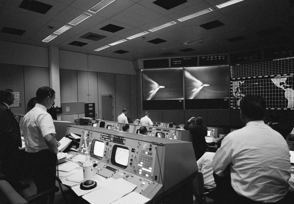 Activity in the Mission Control Room during launch of Apollo 4