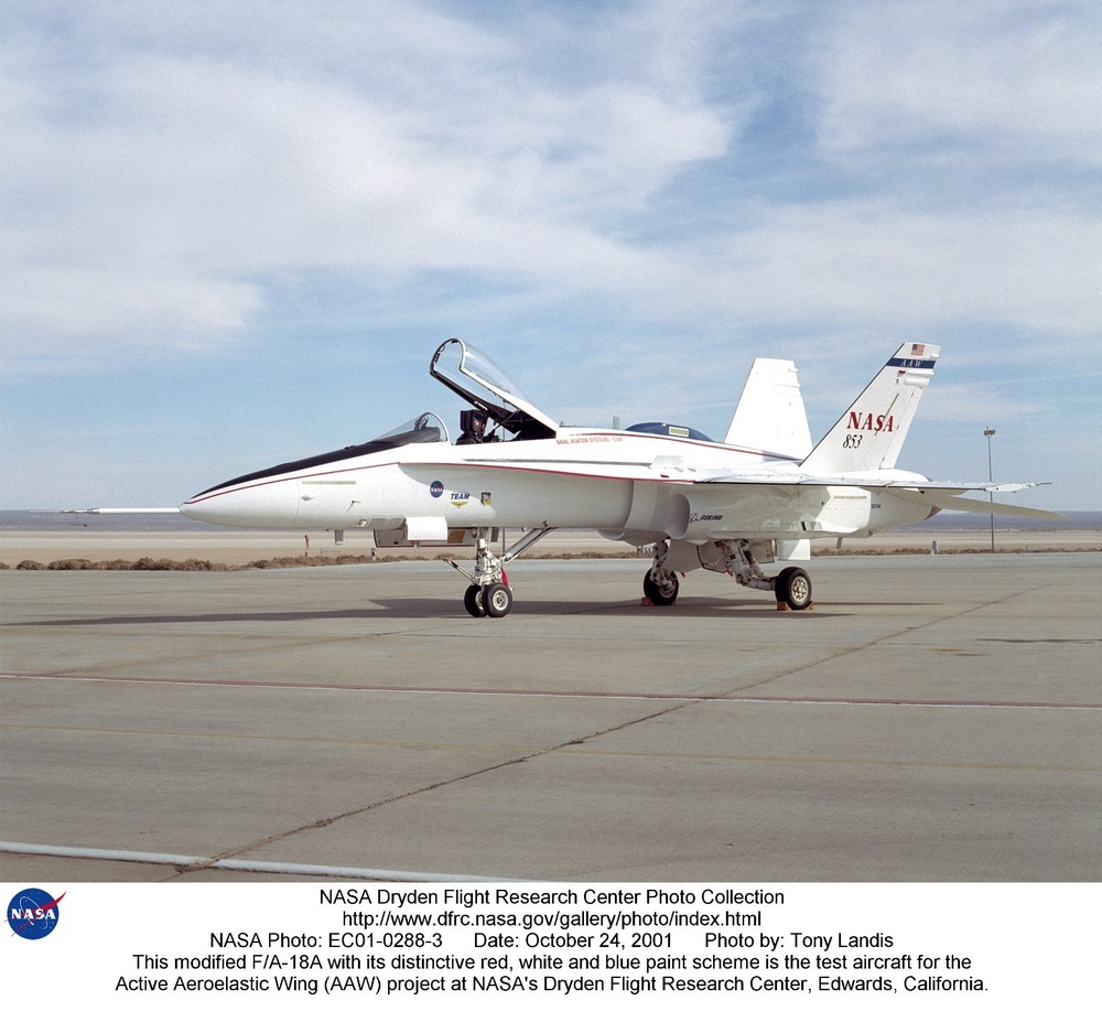 This modified F/A-18A with its distinctive red, white and blue paint scheme is the test aircraft for