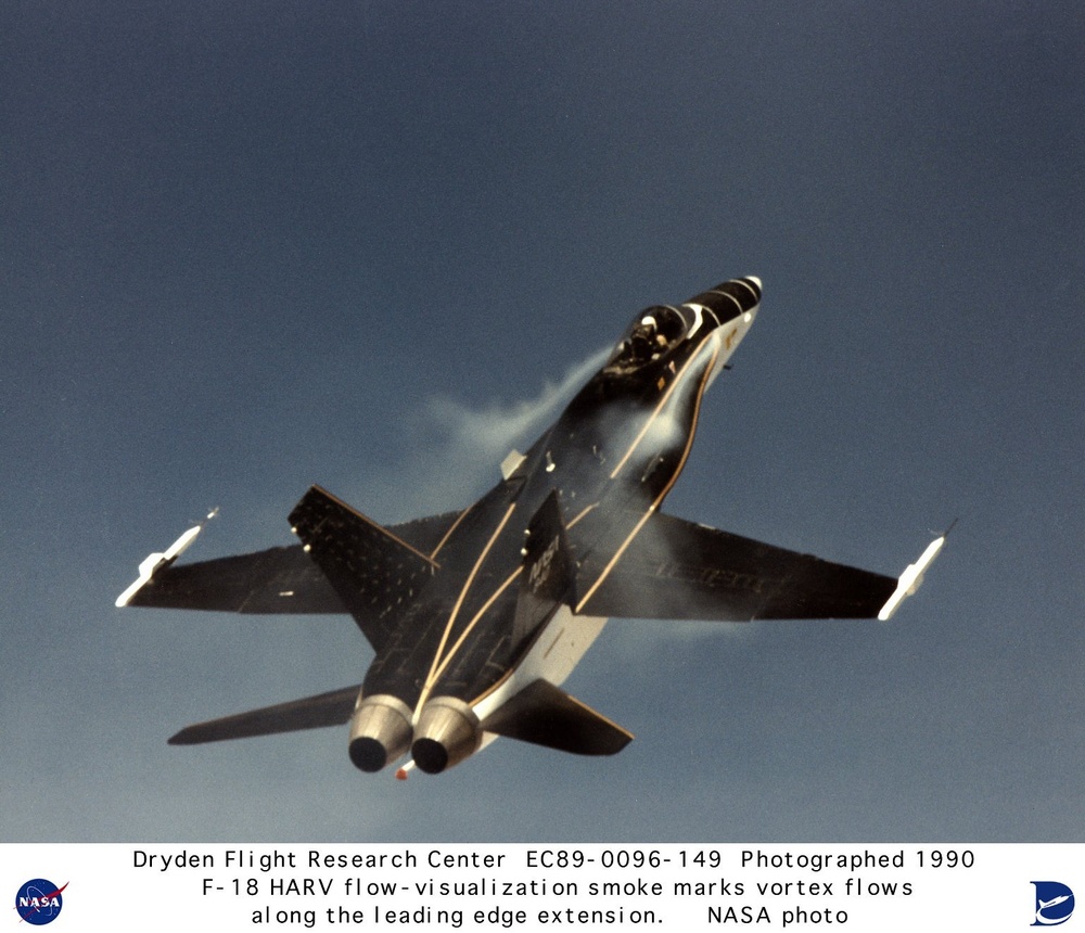 F-18 HARV smoke and tuft vortex flow visualization along leading edge extension