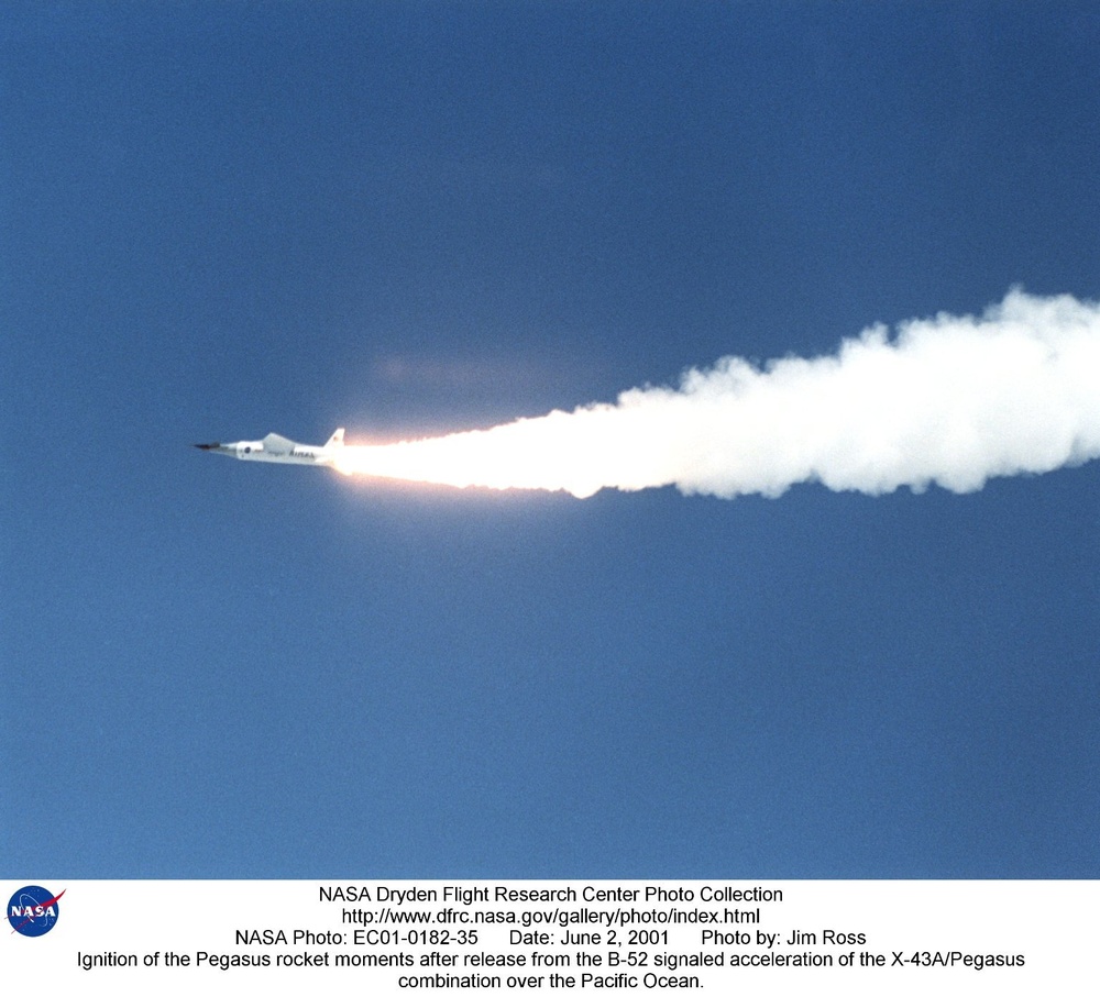 Ignition of the Pegasus rocket moments after release from the B-52 signaled acceleration of the X-43