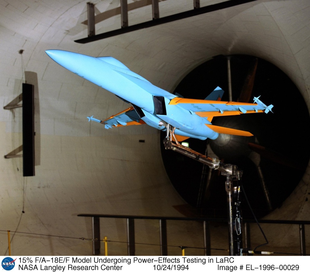 15% F/A-18E/F Model Undergoing Power-Effects Testing in LaRC