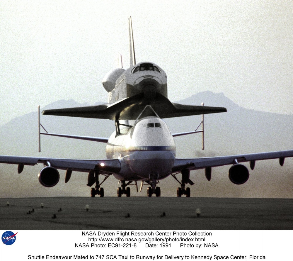 Shuttle Endeavour Mated to 747 SCA Taxi to Runway for Delivery to Kennedy Space Center, Florida