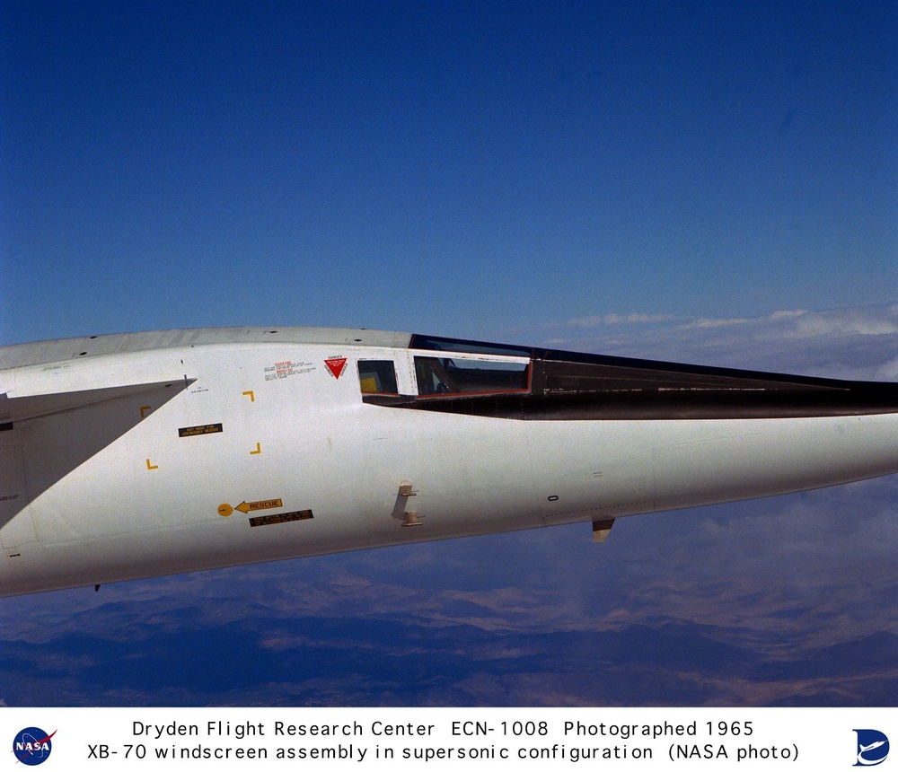 XB-70A windscreen assembly closeup in supersonic flight configuration
