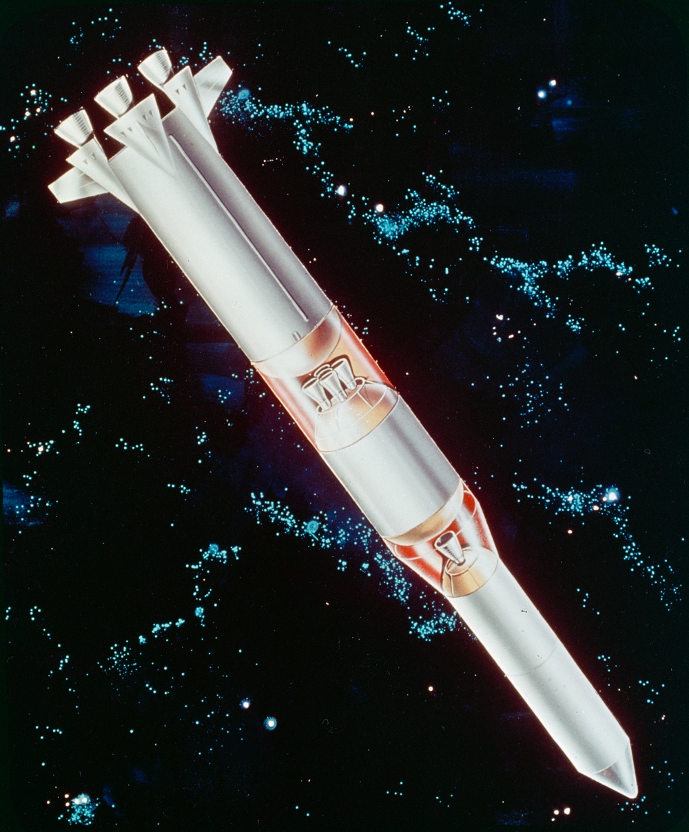 ARTIST CONCEPT OF APOLLO and SPACE CRAFT IN ORBIT