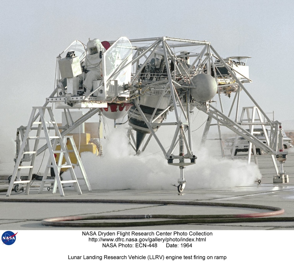 Lunar Landing Research Vehicle (LLRV) engine test firing on ramp
