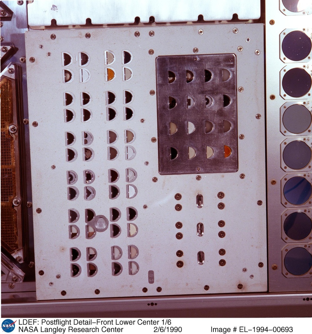 LDEF: Postflight Detail-Front Lower Center 1/6