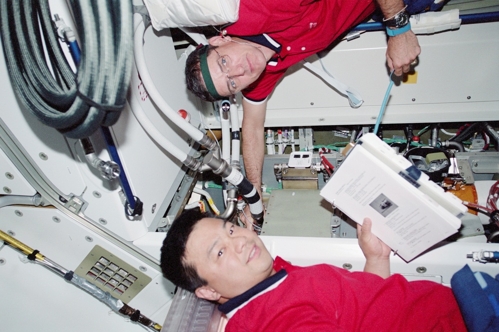 Chiao and McArthur conduct Y-cable changeout in Node 1/Unity module