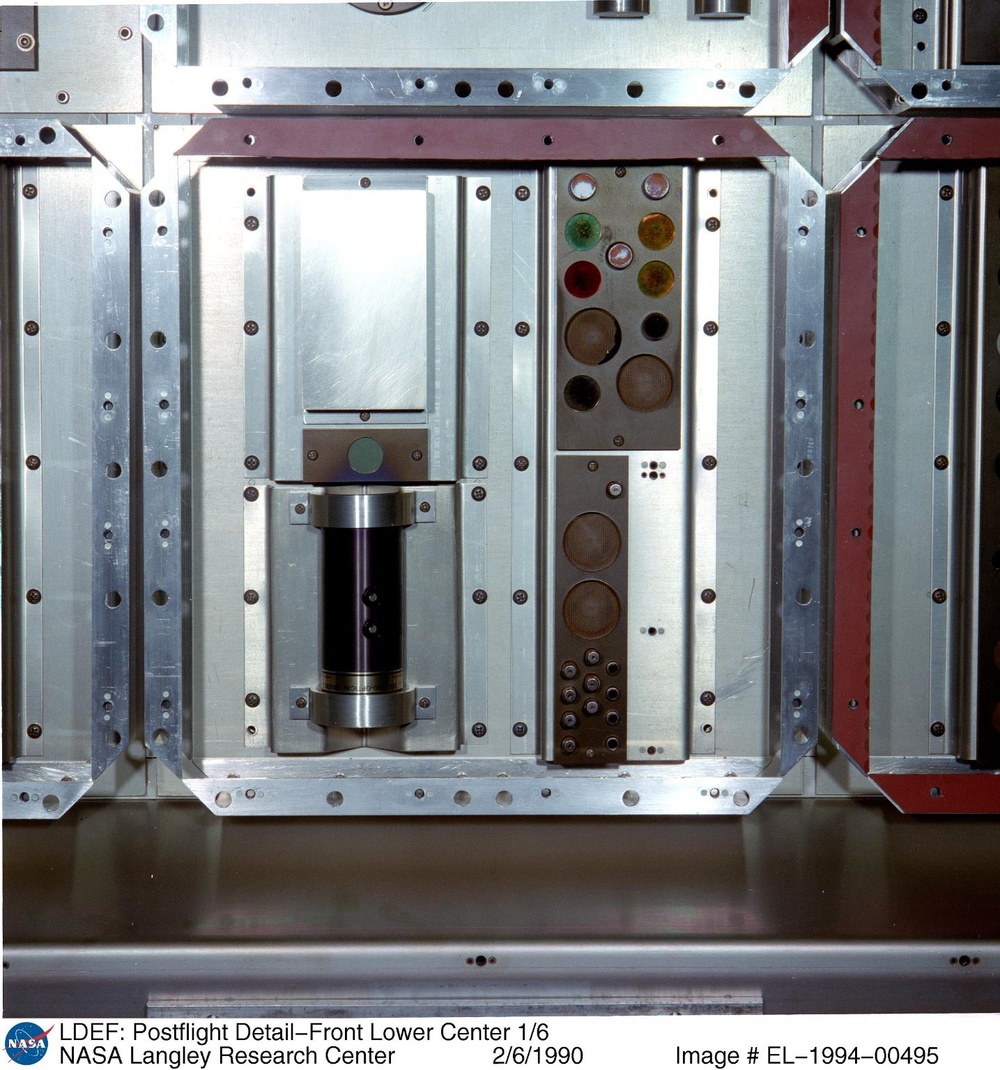 LDEF: Postflight Detail-Front Lower Center 1/6