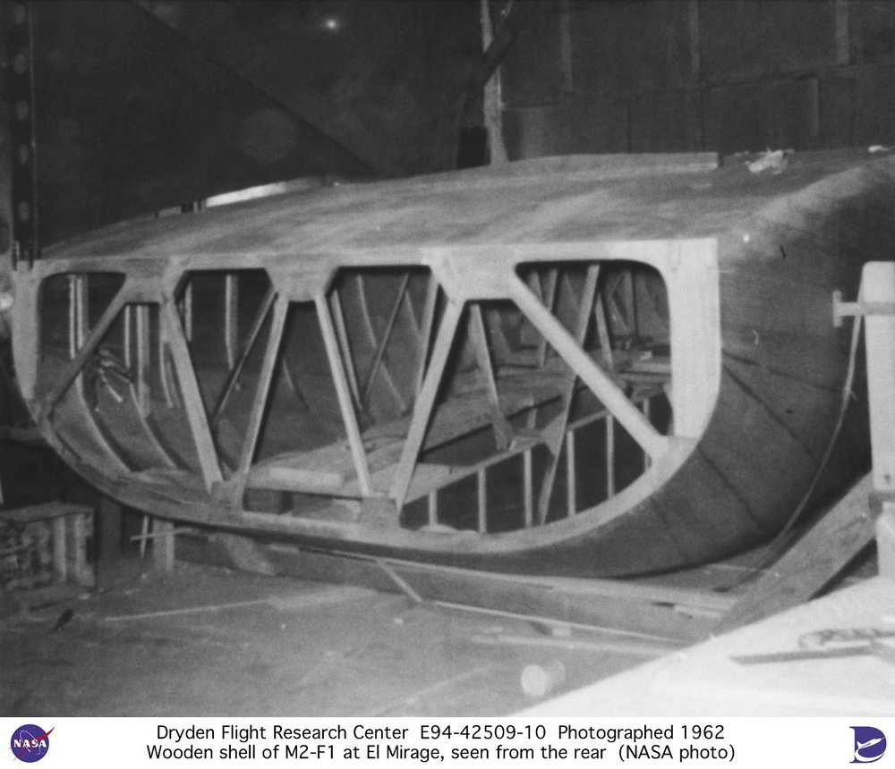 Wooden shell of M2-F1 being assembled at El Mirage