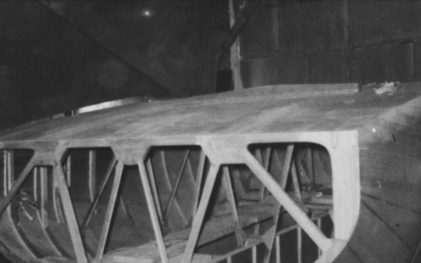 Wooden shell of M2-F1 being assembled at El Mirage