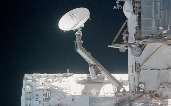 View of the aft nadir side of the P6 Truss, S0 Truss and FGB taken during STS-110