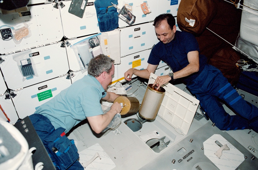 Jones and Polansky perform a LiOH Canister changeout on Atlantis' MDK