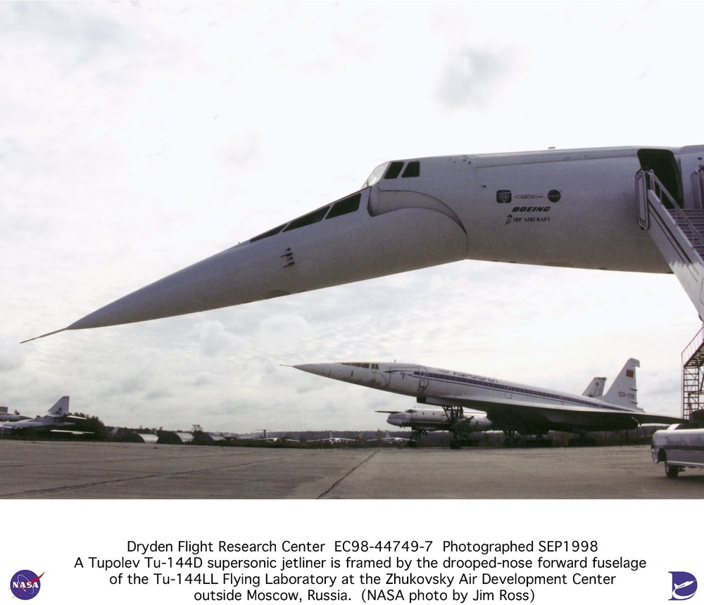 Tu-144LL SST Flying Laboratory Side View of Nose, with a TU-144D on Ramp