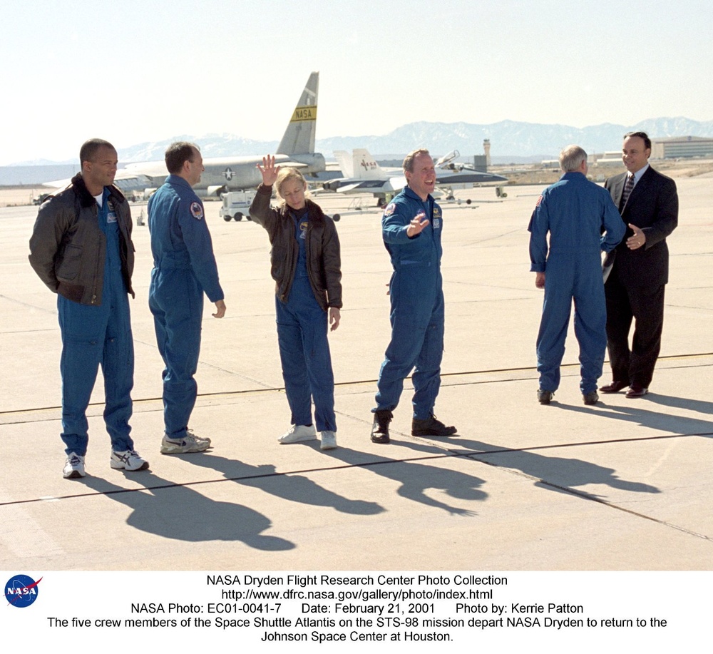 The five crew members of the Space Shuttle Atlantis on the STS-98 mission depart NASA Dryden to retu