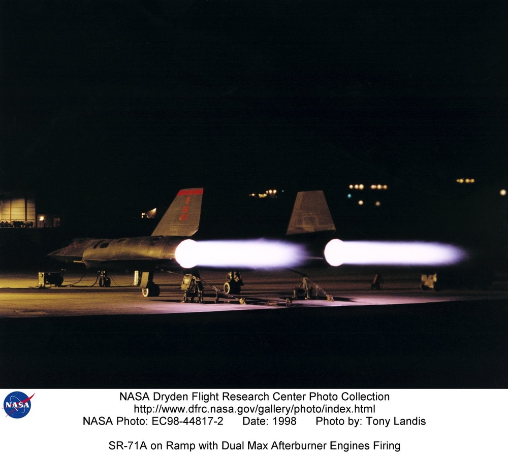 SR-71A on Ramp with Dual Max Afterburner Engines Firing