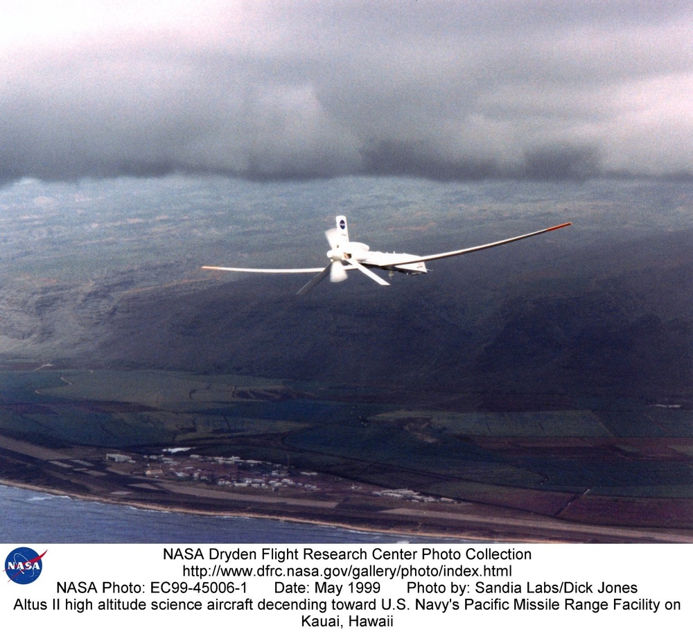 Altus II high altitude science aircraft decending toward U.S. Navy's Pacific Missile Range Facility