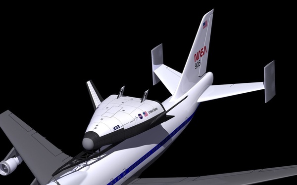 Computer graphic of Lockheed Martin X-33 Reusable Launch Vehicle (RLV) mounted on NASA 747 ferry air